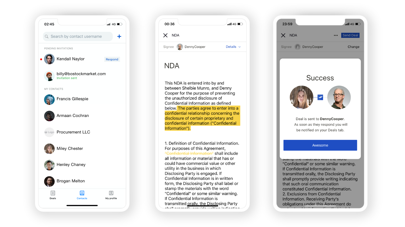 Mobile screen from Seal the Deal showing writing of NDA -Timacum's Blockchain app. Seal the Deal - Mobile Screen slide 2