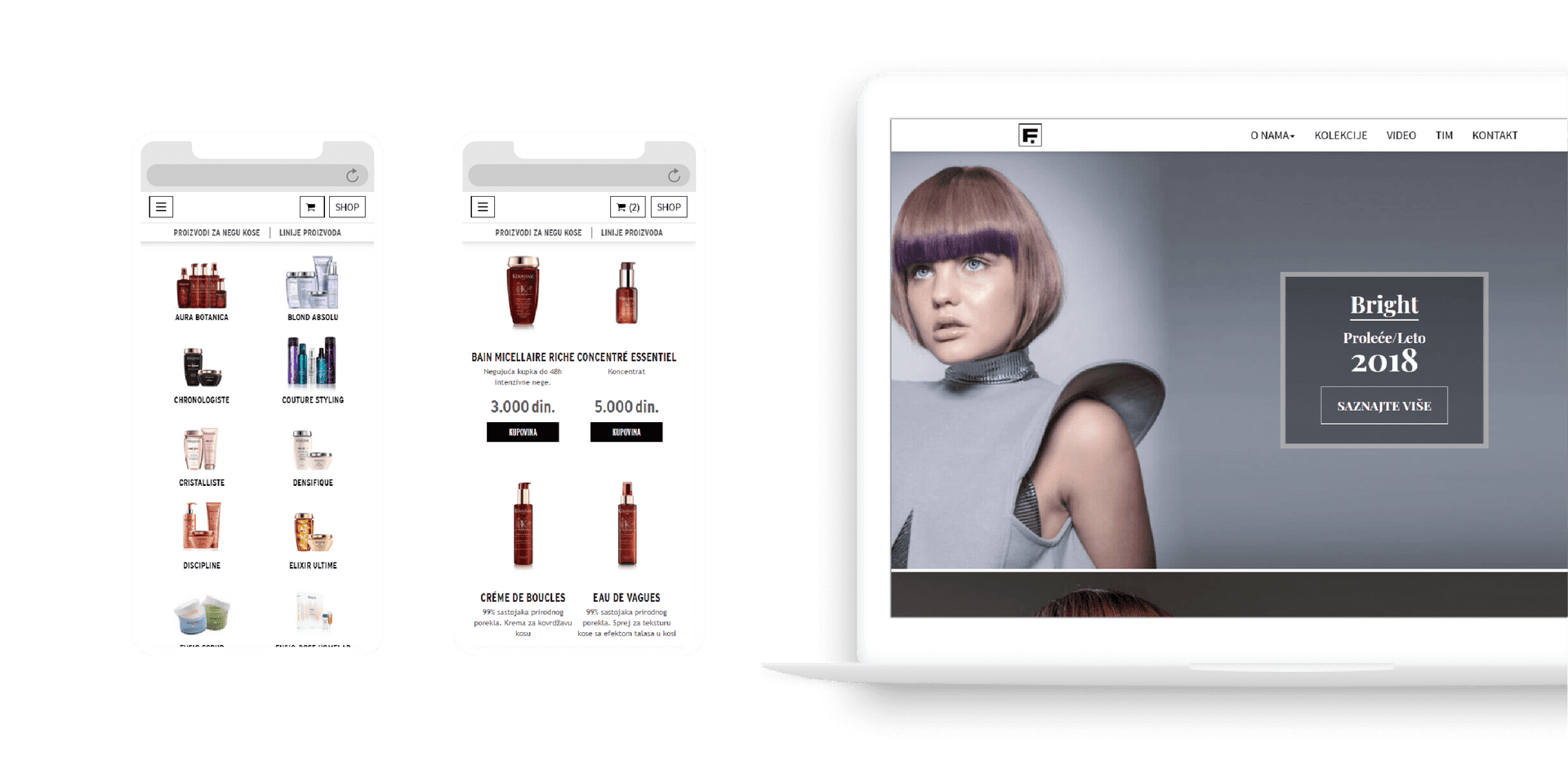 Two mobile screen showing web shop and desktop screen showing homepage of Full Professional website.