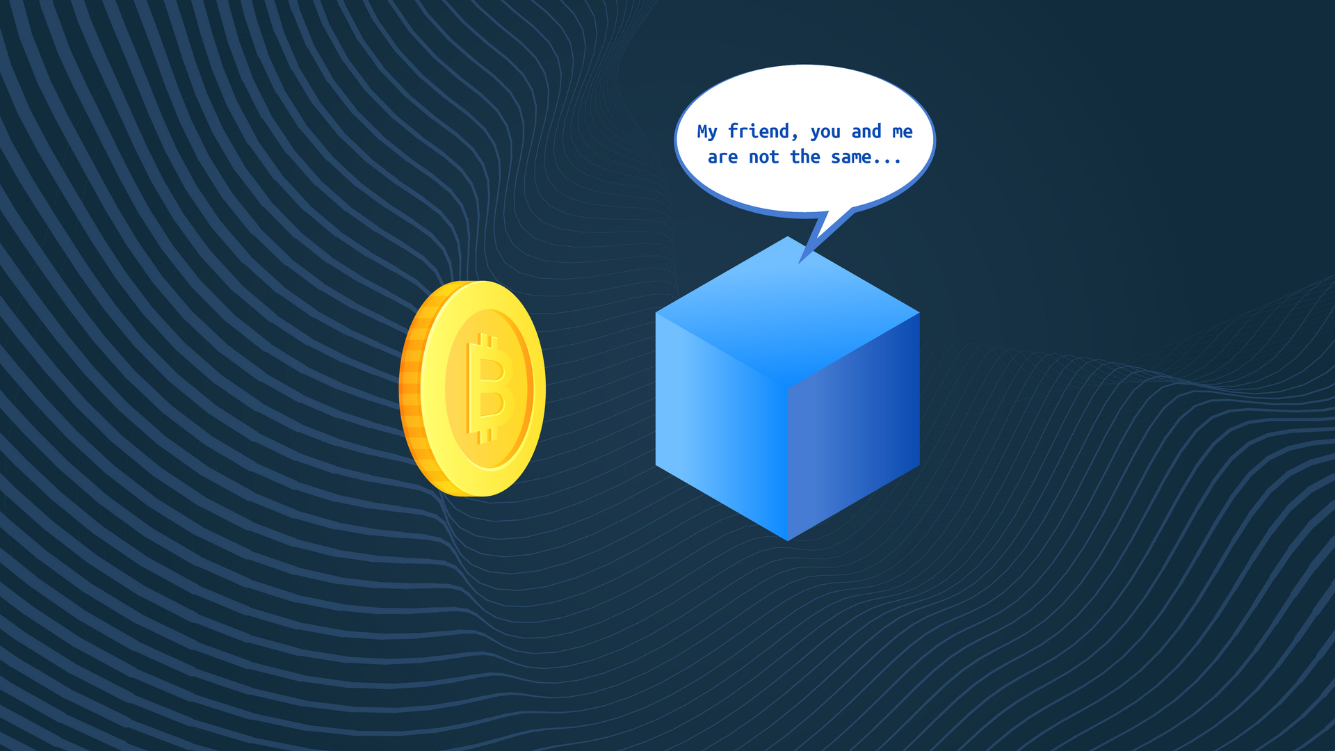Illustration of a bit coin and a cube representing blockchain technology