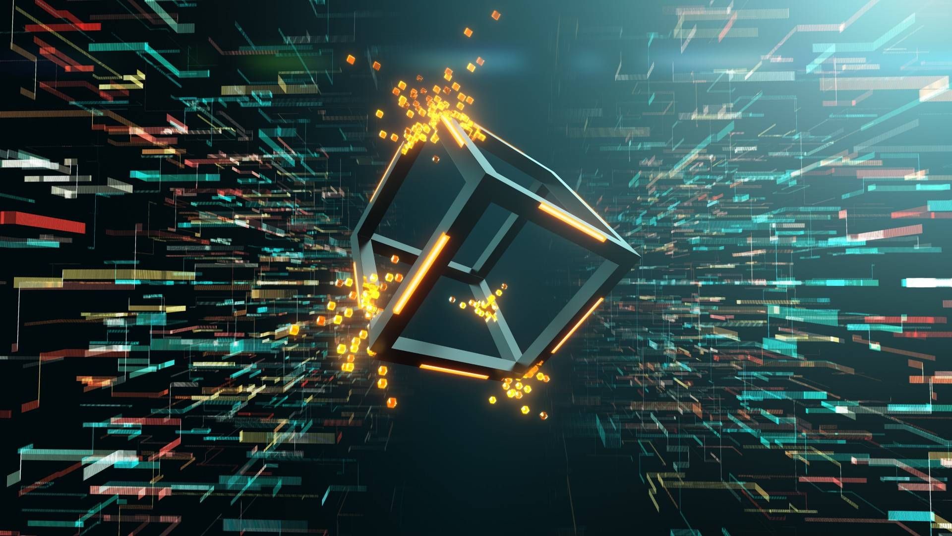 Blockchain VS Distributed Ledger Technology Hero IMG Alt description - Futuristic Illustration of a Cube representing Blockchain Technology as a part of a blog article- Blockchain VS Distributed Ledger technology.