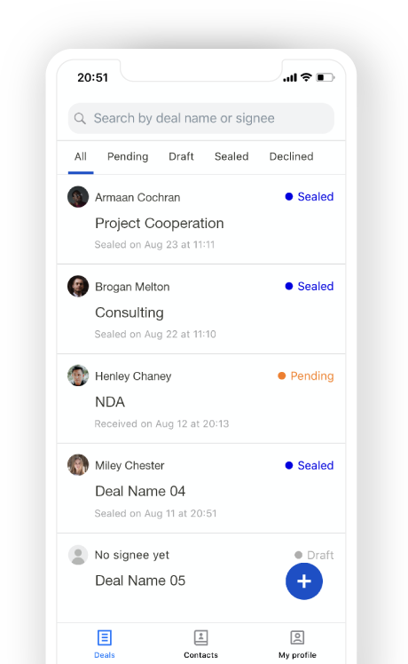 Mobile screen showing list of deals from Seal the Deal -Timacum's Blockchain app - product page hero image.