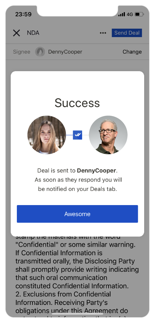 Screens from Seal the Deal - Timacum's Blockchain deal making app