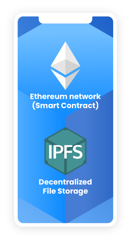 Custom mobile dapp development example mobile screen iilustration containing Ethereum and IPFS stylised logos showing smart contracts and decentralized file storage technology development for Seal the deal White label Dapp -Custom Blockchain product solution.
