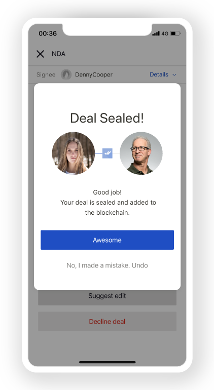 Mobile screen showing the results when the deal is sealed from Timacum's Blockchain app Seal the Deal