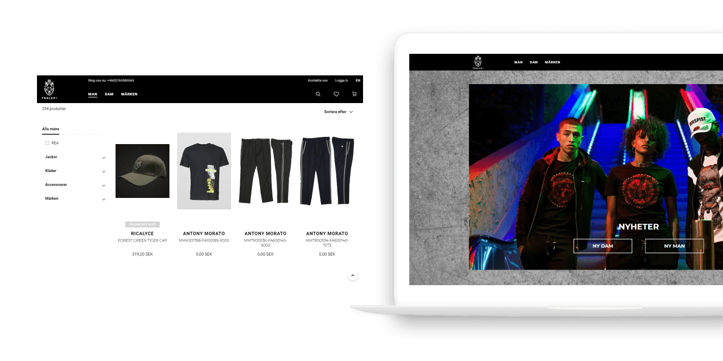 One desctop screen showing web shop and laptop mockup showing homepage of Trelupi website.