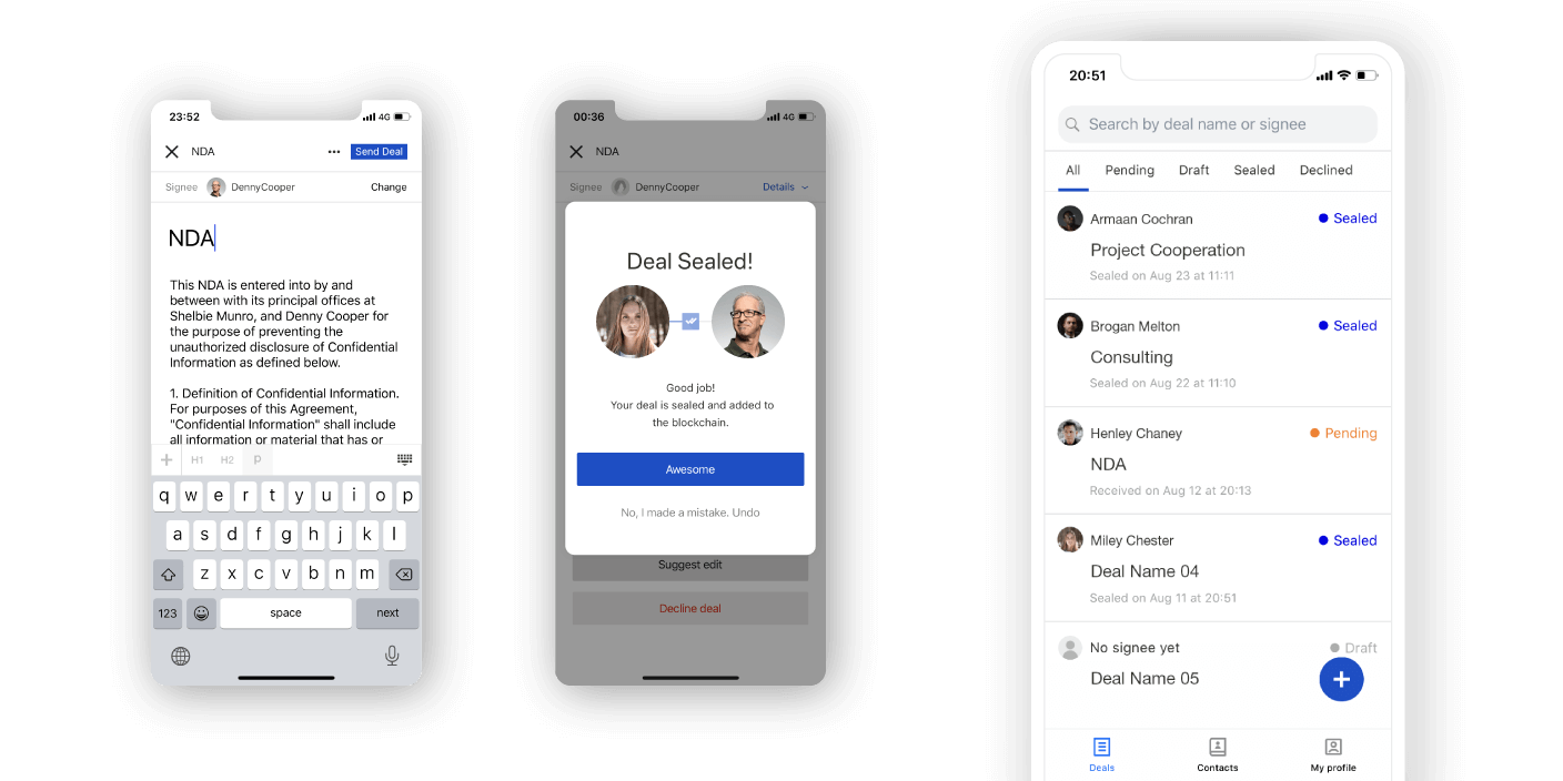 Three mobile screens from Seal the Deal -Timacum's Blockchain app..